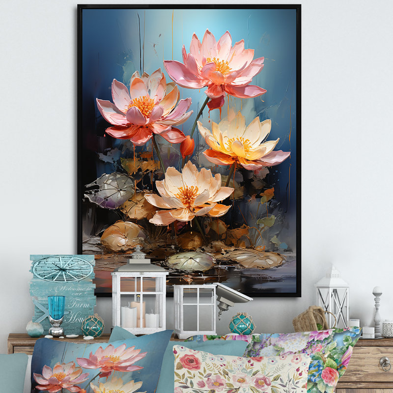 Fleurs de lotus fusionnent avec des graffiti sur toile, Cadre flottant noir, H 32 po x l 24 po x P 1 po
