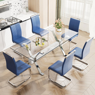 Grande table de salle à manger moderne en verre avec pieds en métal et barres transversales, support transparent à la mode 71 po x 35,4 po x 30 po