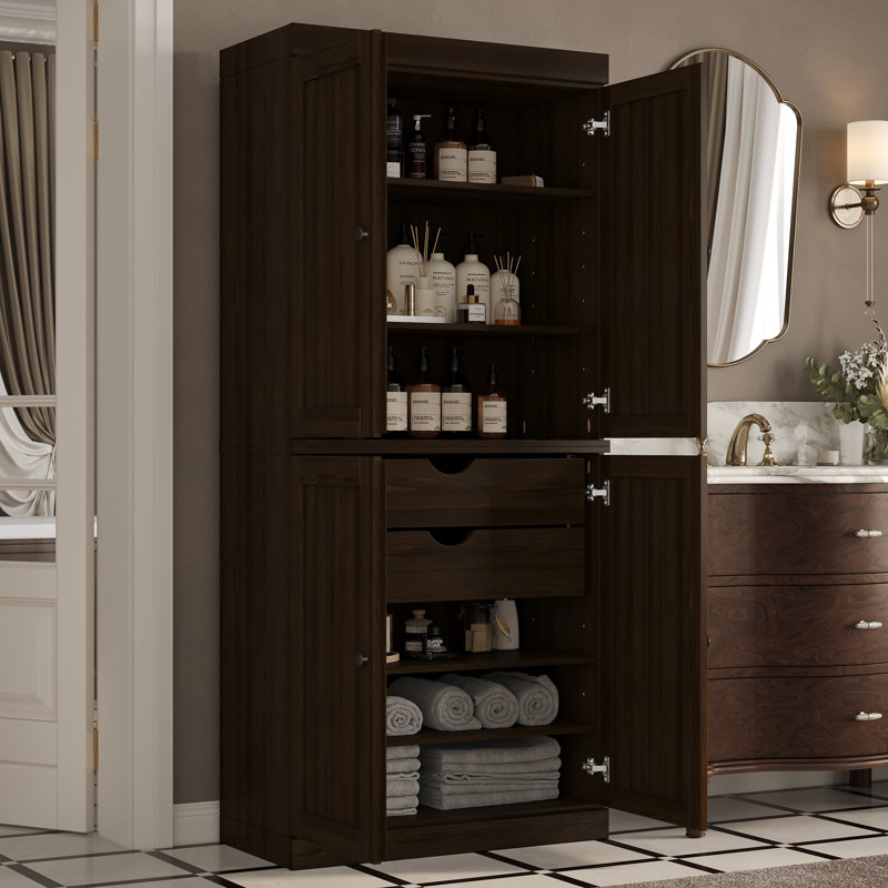 Armoire de rangement de salle de bain 100% bois massif, portes Shaker, 2 tiroirs, tablettes réglables, largeur 32 po, hauteur 71,5 po
