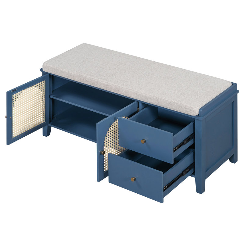 Banc à chaussures, banc à chaussures rétro avec rangement et coussin, banc à chaussures avec 2 tiroirs et 2 portes en rotin pour le vestibule