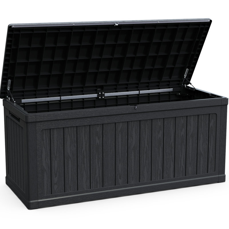 Coffre de rangement XXL pour terrasse, 260 gallons (environ 985 litres), noir, résine étanche, verrouillable, construction à double paroi, idéal pour ranger l'équipement de piscine, les outils de jardin et peut servir de siège.