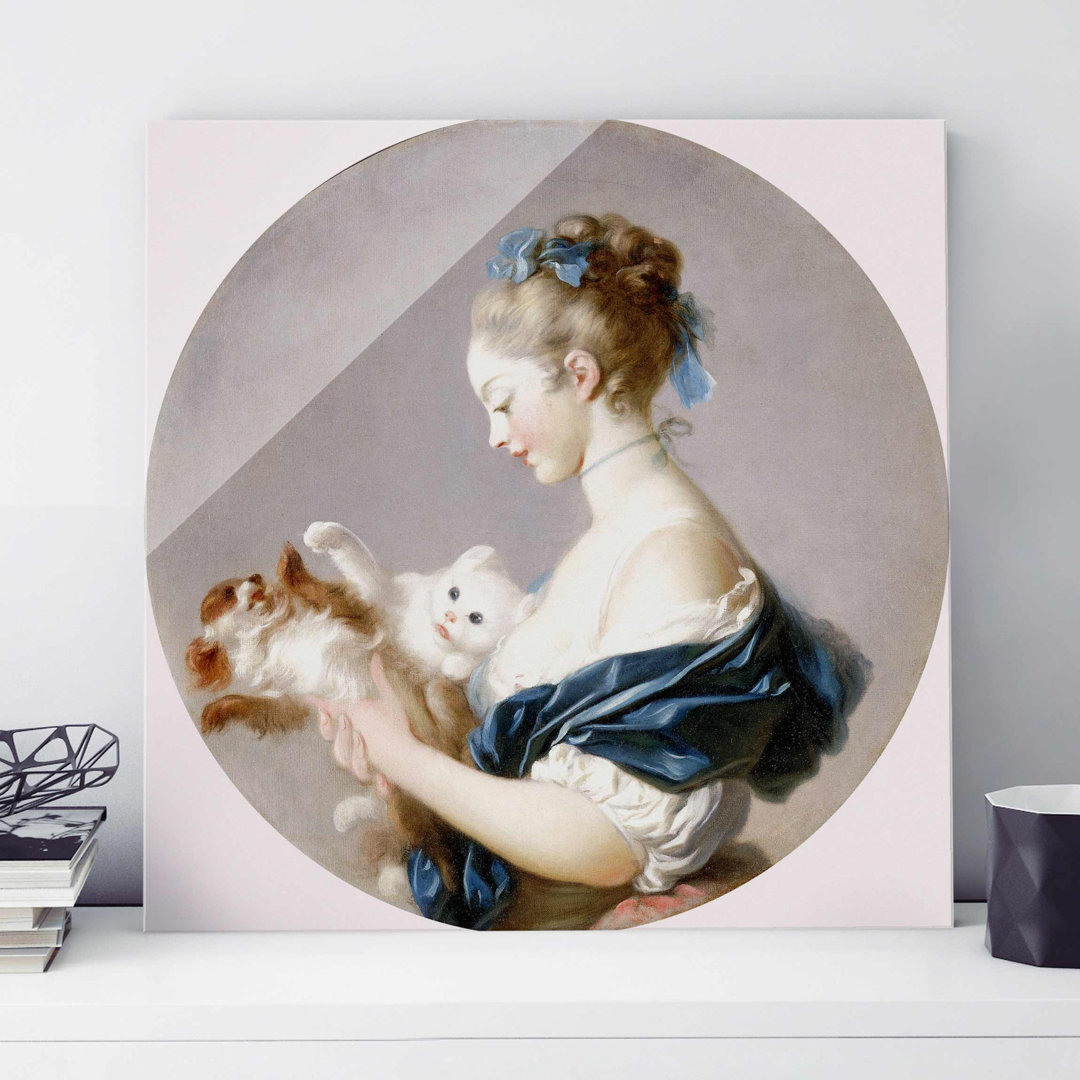 Glasbild Mädchen mit Hund und Katze spielend von Jean-Honoré Fragonard