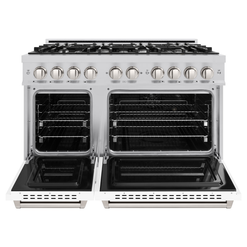 ZLINE 48" Classic Double Oven Gas Range w/ 8 Burner Cooktop & White Matte Doors, Stainless Steel/White Matte