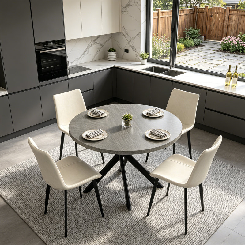43.4 Inch Round Dining Table Set For 4, Mid Century Modern Small Coffee Set For Dining Room Kitchen Apartment, Beige, Gray