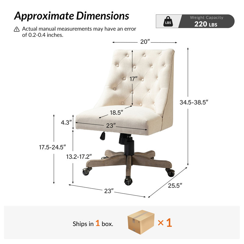 Jovita 38.5"H Farmhouse Tilting Task Chair with Solid Wood Base and Button-Tufted, Beige