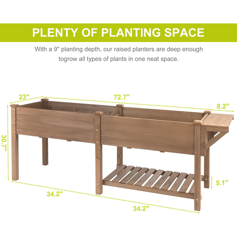Jardinière surélevée avec tablette de rangement, en bois de sapin massif, pour jardin, terrasse ou balcon, marron