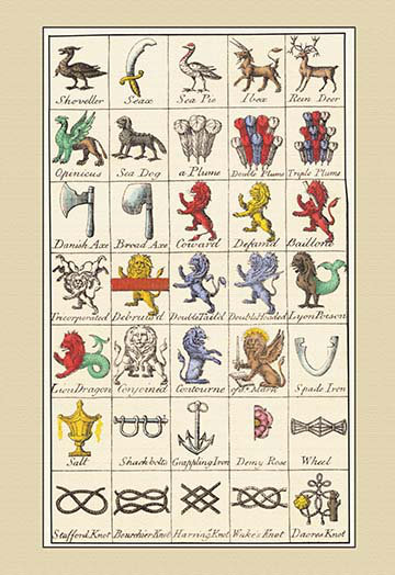 « héraldiques symbols shoveller, seax, et al. » par hugh clark, reproduction d’art, H 36 po x l 24 po x P 1,5 po