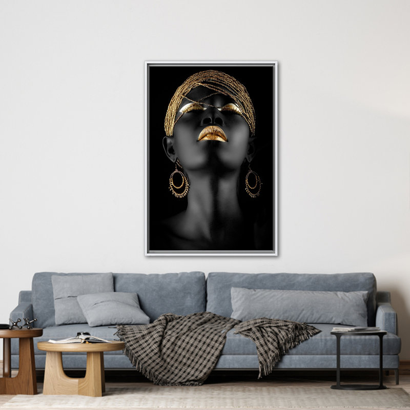 African Woman Abstract Art Canvas with Lips - Ethnic Black Woman Printed Artwork, 20 cm H x 30 cm W, White Floater Framed
