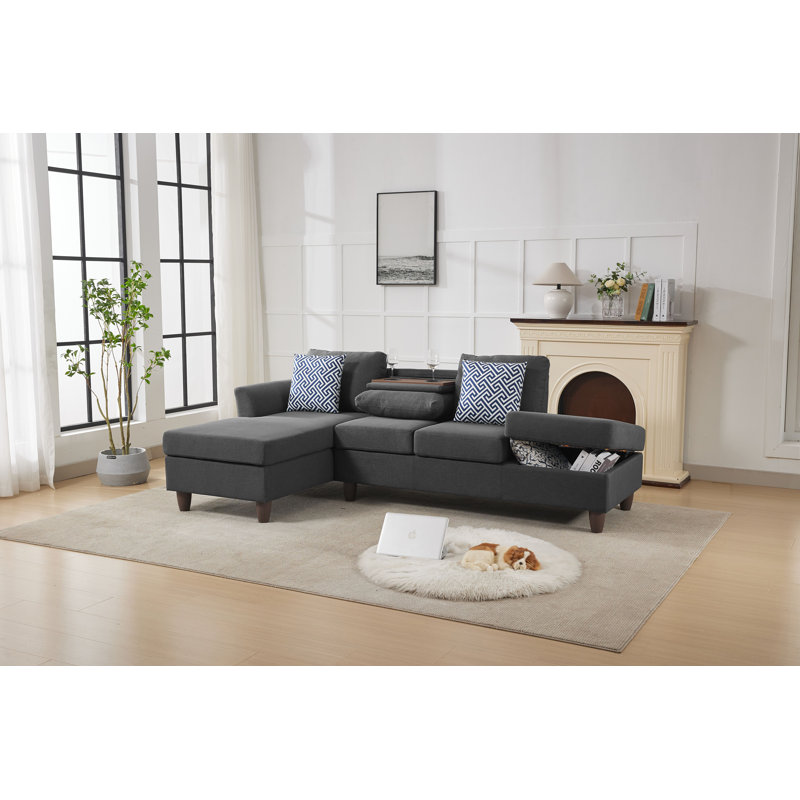 Canapé modulaire 2 pièces avec porte-gobelet rabattable, siège de rangement et méridienne gauche, Gris foncé