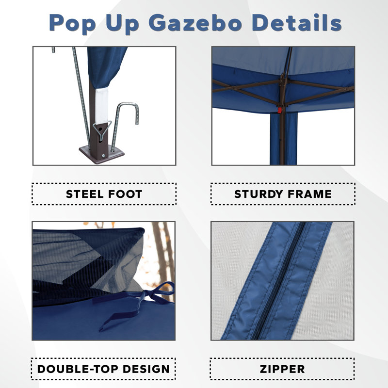 11x11 Blue Steel Pop-Up Gazebo with Mesh Walls