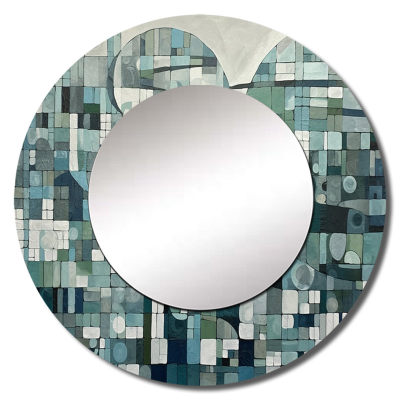 Radmila, mélange de bohémien bleu et vert - grand miroir mosaïque Boho, décor de miroir mural rond unique moderne, art imprimé en métal