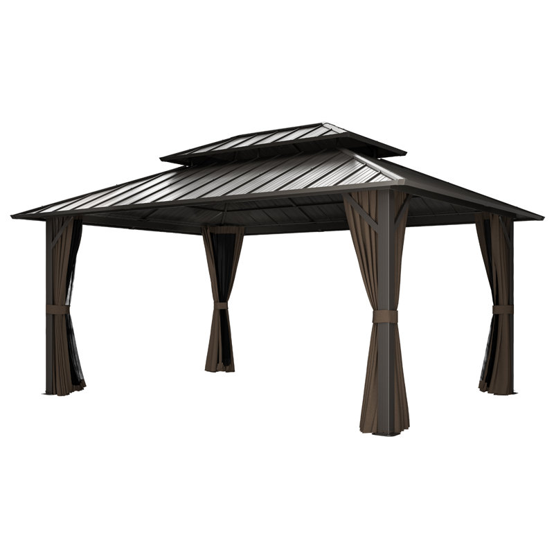 Double Roof Hardtop Metal Patio Gazebo with Curtains and Netting, Brown, Brown, 77.2"H x 168"W x 122.4"D