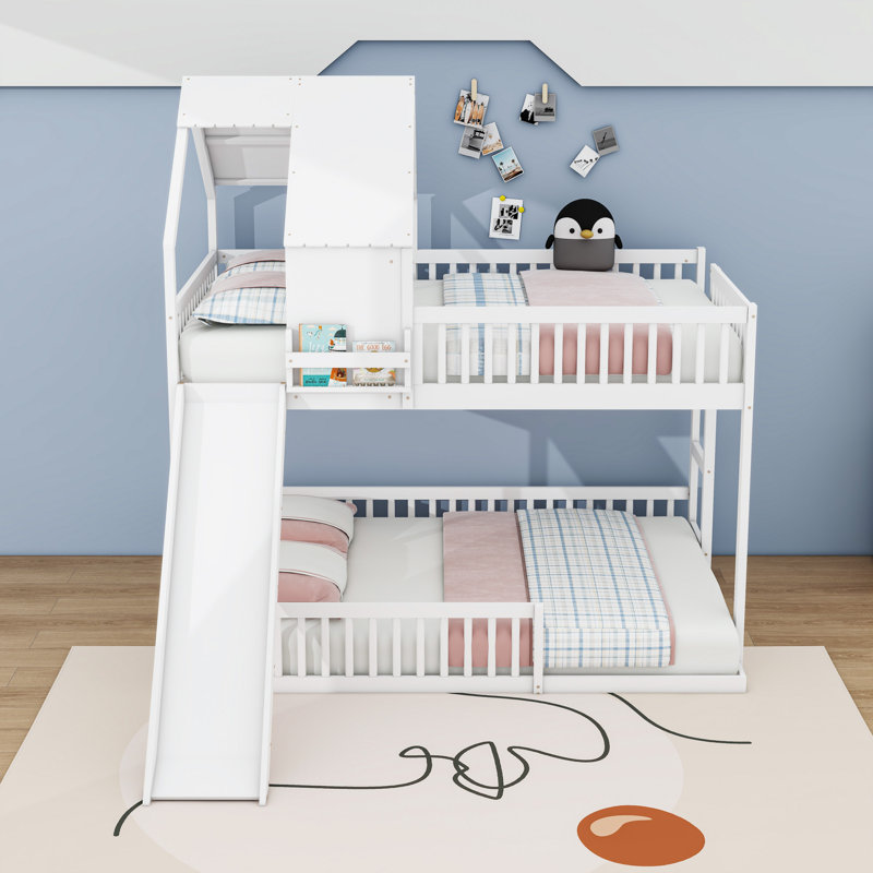 Lit superposé double en bois sur grand avec glissade, toit, Blanc