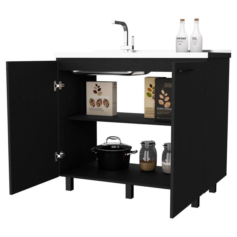 Évier et armoire utilitaire noir avec 2 compartiments pratiques pour une construction pratique, Black