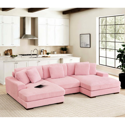 Canapé de coin 3 places double en velours côtelé rose surdimensionné, idéal pour se détendre. Coussins décoratifs et soutien lombaire réglable inclus. Montage sans outil, installation rapide et facile.