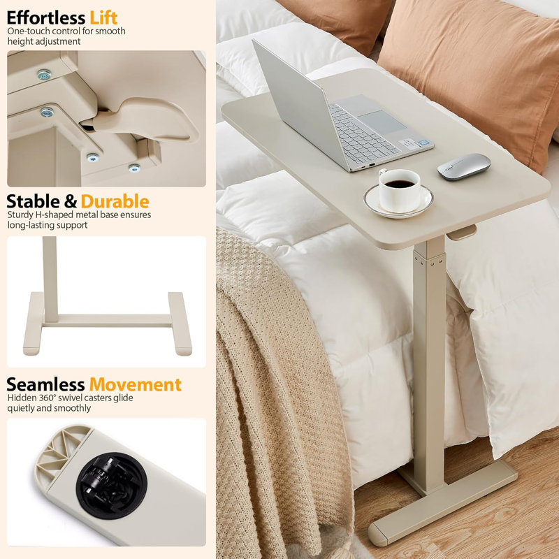 Overbed Table With Hidden Wheels, Mobile Standing Desk Hospital Bed Table Laptop Bedside Sofa Side Table, Multi-Purpose Rolling Overbed Table
