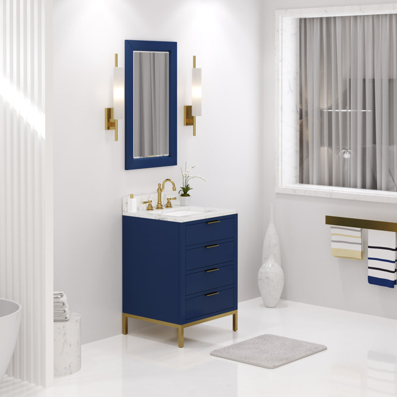 Bristol 24" Carrara White Marble Countertop Bath Vanity with Mirror, Monarch Blue, Mirror Included