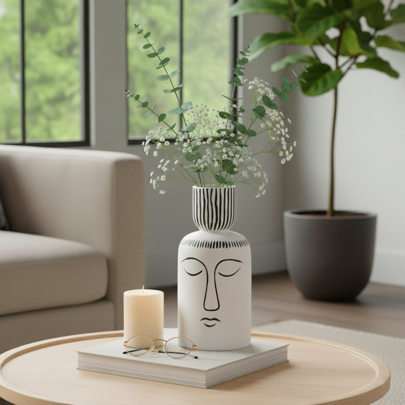 Modern Ceramic Table Vase for Home Decor - Tall Flower Vase for Tabletops, Desks, Office, and Living Room - 11", Black & White
