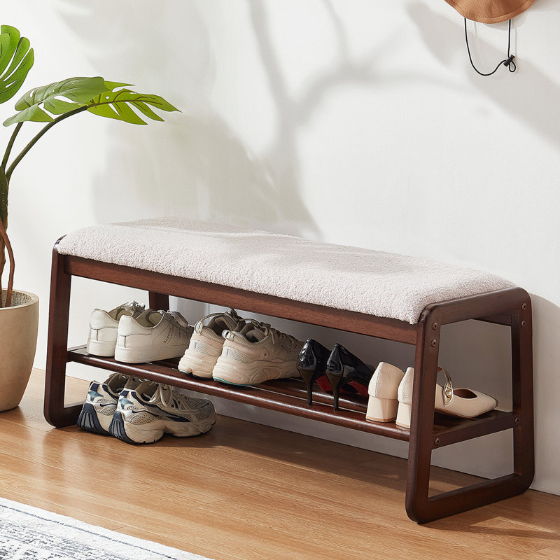  Banc de rangement en bois massif avec coussin et banc de rangement pour hall d'entrée à 2 niveaux, Mauve