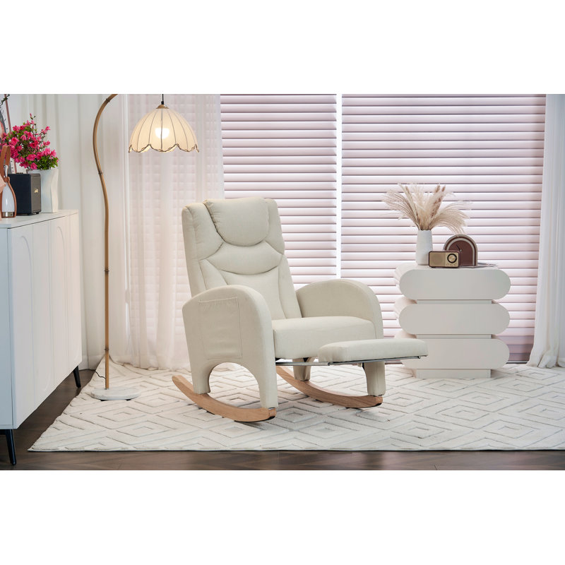Chaise berçante en coton et lin avec repose-pieds réglable, Beige