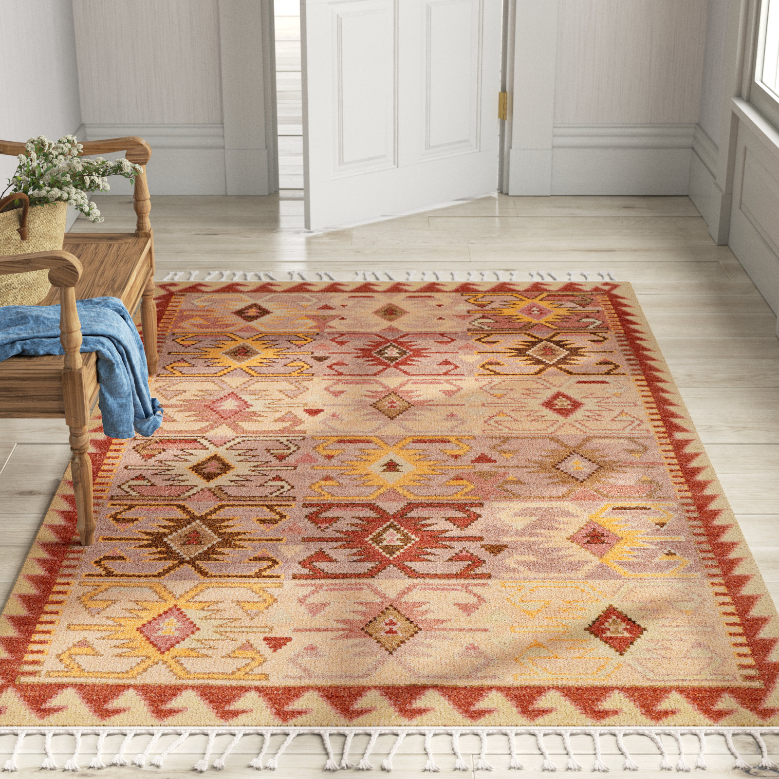 Beige Red Yellow Hand-Knotted Wool Rug, Rectangle 5' x 8'