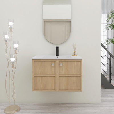 30 Inch Wall-Mounted Bathroom Vanity whit Ceramic Sink, 2-Soft Closing Doors