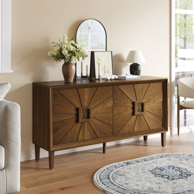 Crédence 60 po de style rustique américain de première qualité avec porte symétrique Sunburst, meuble télé robuste en bois antique avec tablettes réglables, armoire de rangement pour le salon / la cuisine (brun antique)