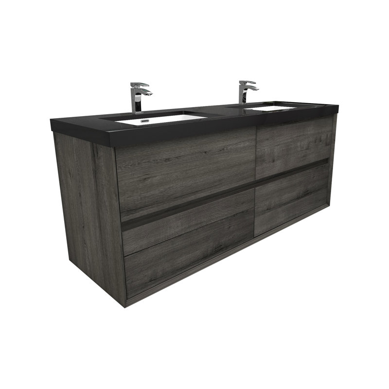 Smariti 60" Wall-Mounted Double Bathroom Vanity Set, Smoke Oak