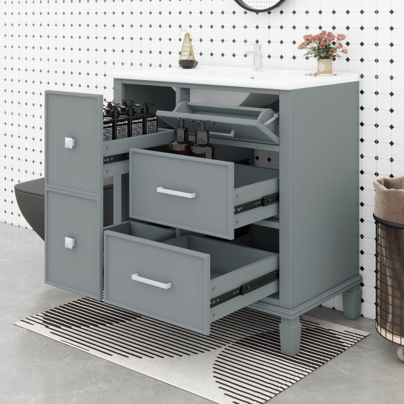 Meuble-lavabo de 30 po avec lavabo en céramique, meuble-lavabo moderne avec tiroir escamotable, Gris