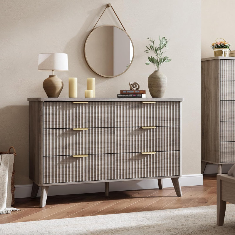 Armoire de rangement cannelée à 6 tiroirs, buffet en bois courbé avec poignées dorées, Gris