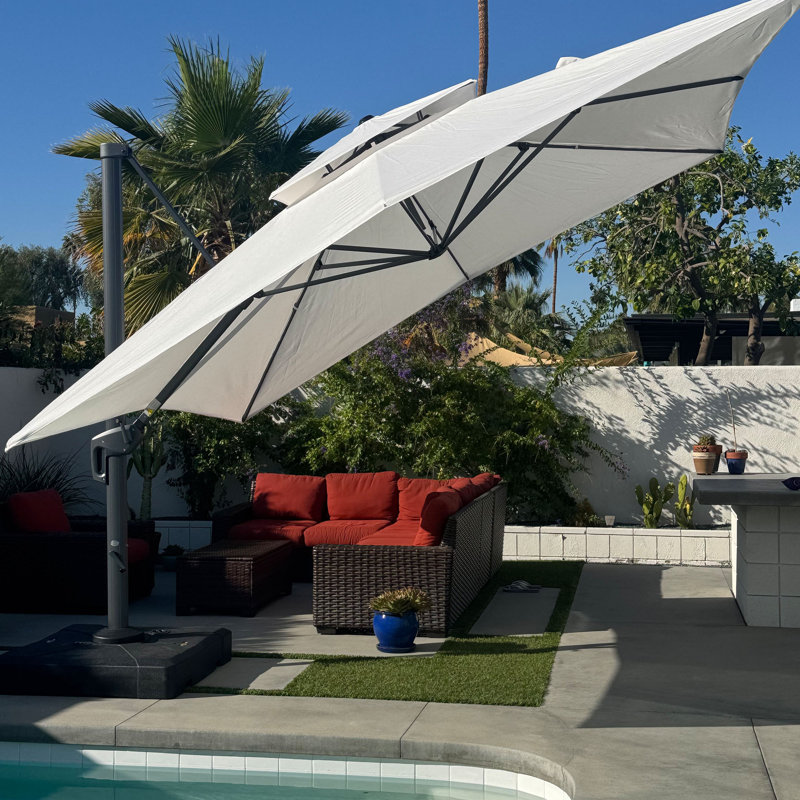 Parasol carré extérieur robuste 10 po, double tissu, tissu haut de gamme, avec base, blanc, Toile naturelle