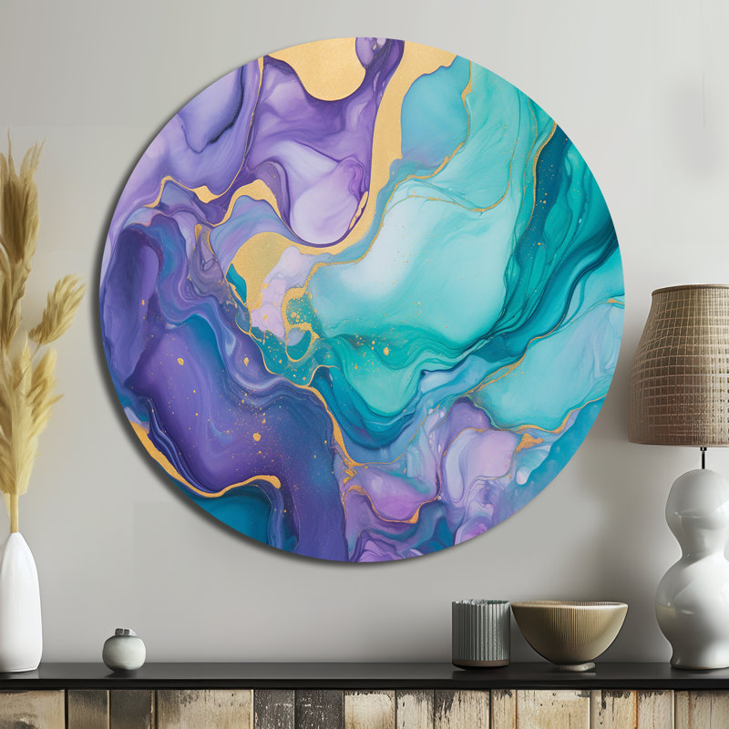 Turquoise et mauve liquide Art II - Art abstrait rond en métal, H 16 po x l 16 po