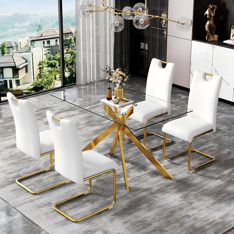 Carlinda Glass Dining Table for 4-6 People, Rectangular Kitchen Table with Cross Metal Legs, Modern Dining Table for Small Spaces