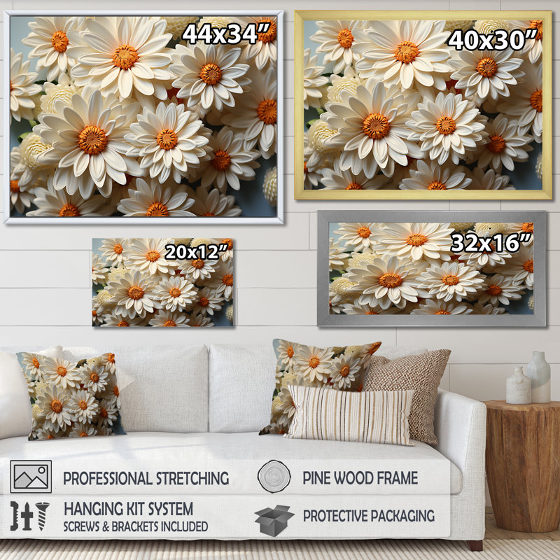 «White Daisy Bloom Elegance I», reproduction sur toile, Cadre flottant brun, H 24 po x l 32 po x P 1 po