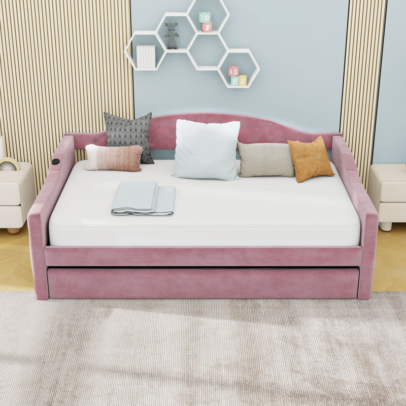 Twin Velvet Upholstered Daybed with Trundle and Tufted, Pink