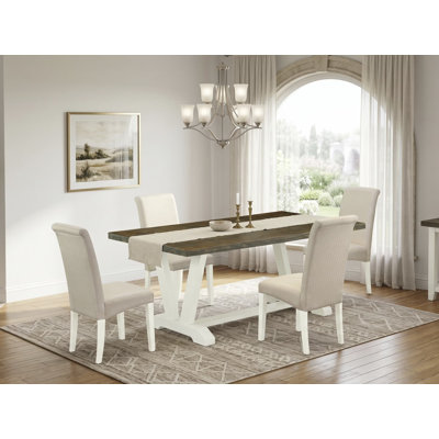 Cet ensemble de salle à manger moderne 5 pièces se compose d'une table de salle à manger Jacobean vieillie et de 4 chaises Parson en lin crème avec dossier haut - Lin brossé blanc