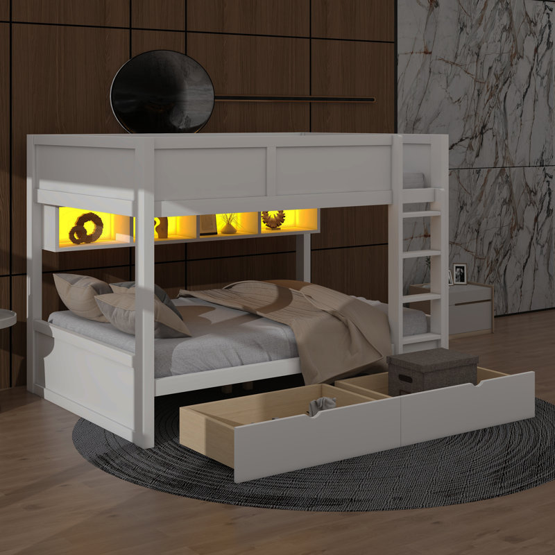 Bunk Bed With Drawers, Wood Bunk Bed With Storage Cabinets And LED Lights, White