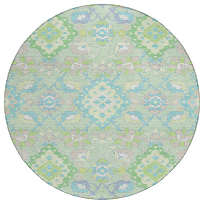 8' Ivory Round Oriental Washable Indoor Outdoor Area Rug