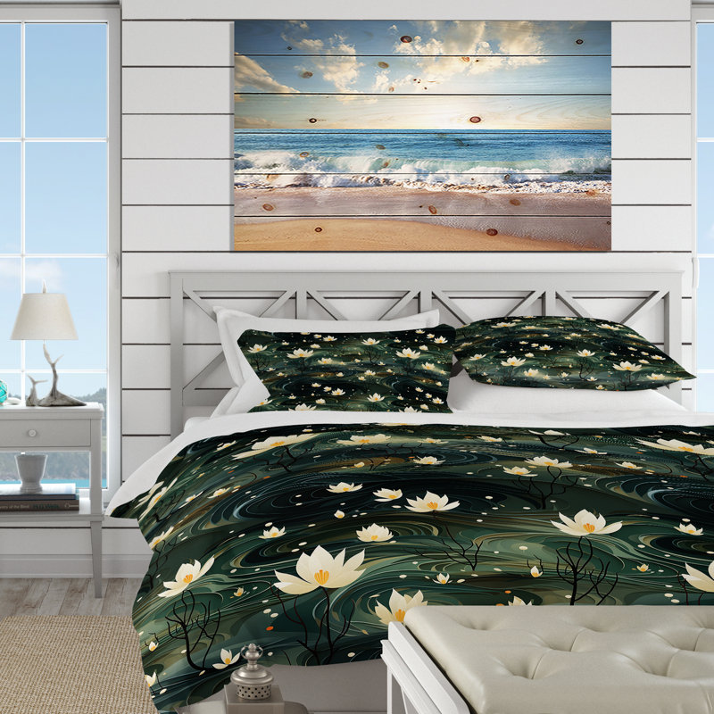 Ensemble de housse de couette blanc et vert Lotus, Housse de couette simple + 1 taie décorative stan