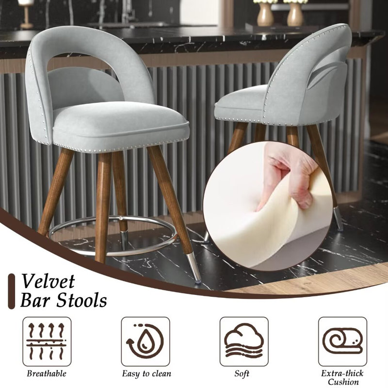 Gray Velvet Swivel Counter Stools with Solid Wood Legs, Set of 4