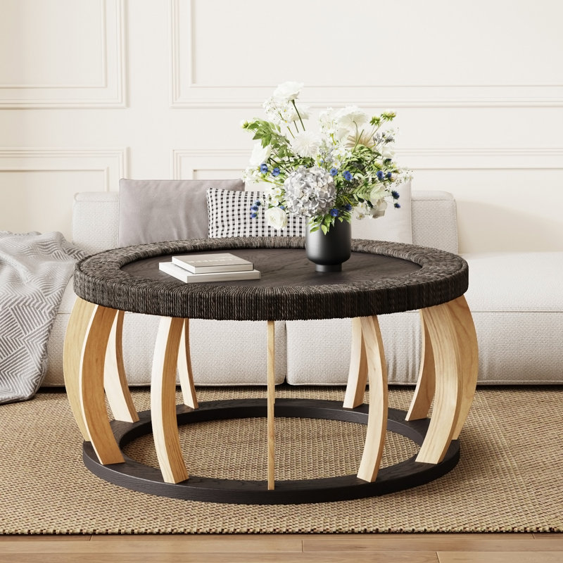 Table basse ronde ronde en bois massif de 35,43 po avec pieds courbés et table d'appoint Boho pour la salle à manger, la cuisine et le salon, brun noir