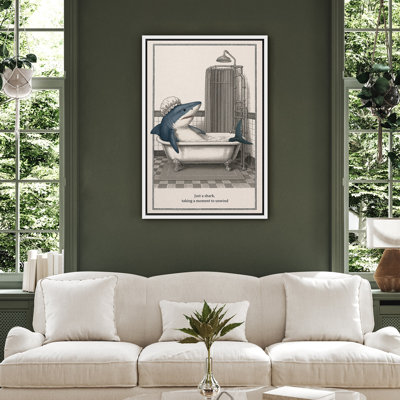 Relaxing Shark in Bathtub Canvas Wall Art, Humorous Framed Art Print for Coastal Bathroom or Nautical-Themed Powder Room Decor