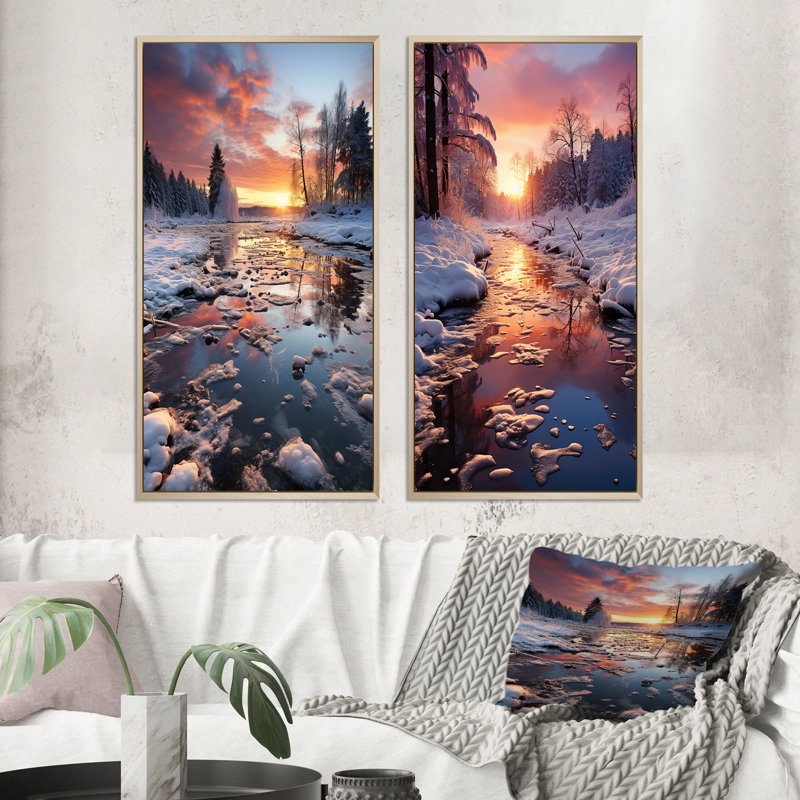 «Winter Sunset Snowfall», 2 pièces sur toile, H 40 po x l 40 po, Encadrement brun