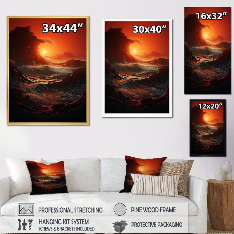 Vague rouge, merveille colorée sur toile, H 20 po x l 12 po x P 1 po, Cadre flottant doré