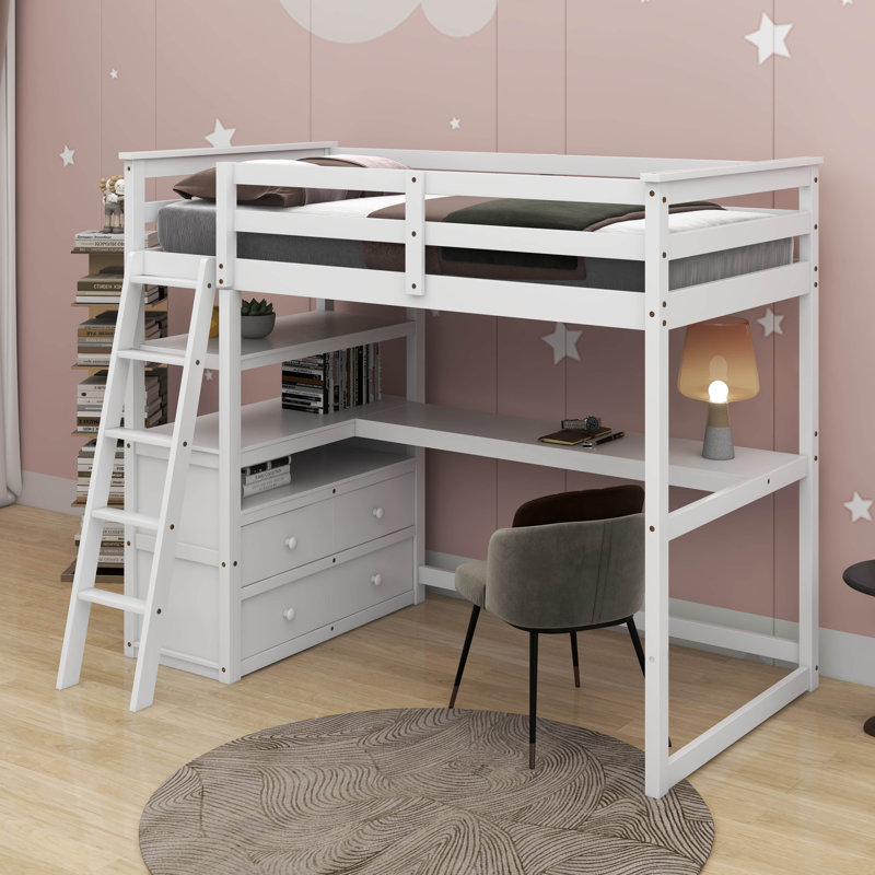 Lit mezzanine simple avec bureau et tablettes, Lit simple, Blanc