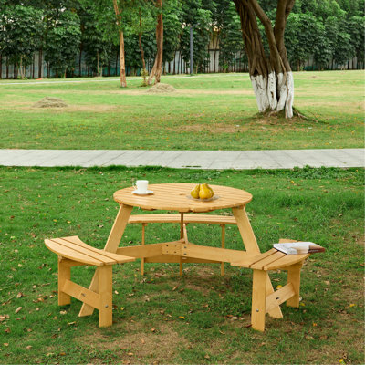 Table de pique-nique extérieure pour 6 personnes avec 3 bancs intégrés et trou pour parasol - Idéale pour jardin, cour ou terrasse - Résistante aux intempéries - Bois naturel robuste - Trou pour plus de détente