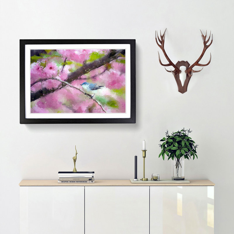 Bird in the Cherry Blossom Tree in Abstract - Picture Frame Graphic Art Print, Black Framed, 62cm H x 87cm W x 2cm D