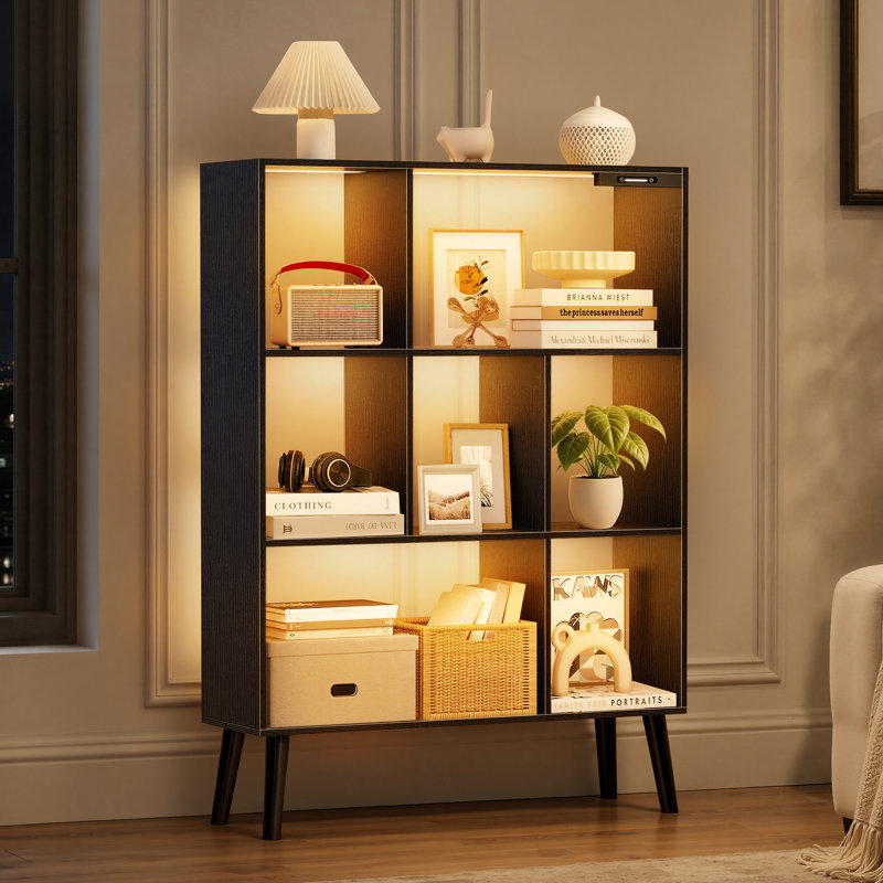 Bibliothèque à 4 niveaux avec étagère ouverte et 7 cubes avec dispositif anti-basculement et DEL, Noir