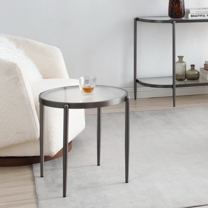 Table d'appoint ronde moderne avec structure en métal gris acier / doré et pieds dorés Addlie, Noir