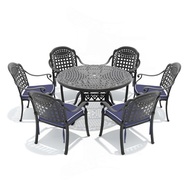 Ensemble de 7 pièces de mobilier de patio en aluminium coulé avec coussins bleus, 6